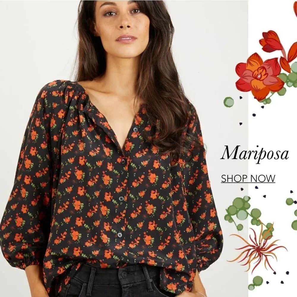 Tucker The Classic Blouse Mariposa Floral in Crepe de Chine Silk Smocked Collar